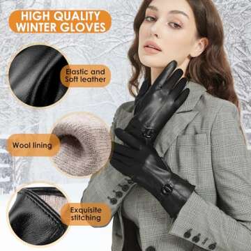 Womens Winter Leather Gloves Touchscreen Texting Warm Driving Lambskin Gloves (Black, S)