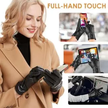 Womens Winter Leather Gloves Touchscreen Texting Warm Driving Lambskin Gloves (Black, S)