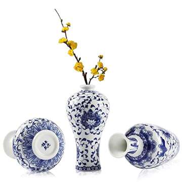 Bigsee Small Blue and White Vase Classical Ceramic Vases Set of 3, Blue and White Porcelain vase wit...