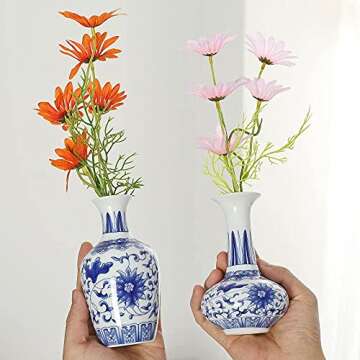 Bigsee Small Blue and White Vase Classical Ceramic Vases Set of 3, Blue and White Porcelain vase with Art Flambed Glazed, Decorative Modern Floral Vase for Home Decor and Events (No.03)