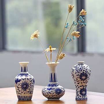 Bigsee Small Blue and White Vase Classical Ceramic Vases Set of 3, Blue and White Porcelain vase with Art Flambed Glazed, Decorative Modern Floral Vase for Home Decor and Events (No.03)