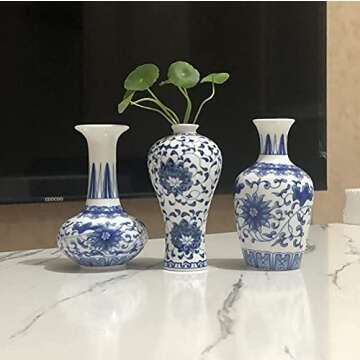Bigsee Small Blue and White Vase Classical Ceramic Vases Set of 3, Blue and White Porcelain vase with Art Flambed Glazed, Decorative Modern Floral Vase for Home Decor and Events (No.03)