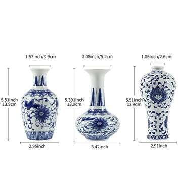 Bigsee Small Blue and White Vase Classical Ceramic Vases Set of 3, Blue and White Porcelain vase with Art Flambed Glazed, Decorative Modern Floral Vase for Home Decor and Events (No.03)