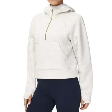 THE GYM PEOPLE Women’s Hoodies Half Zip Long Sleeve Fleece Crop Pullover Sweatshirts with Pockets Thumb Hole Off-white