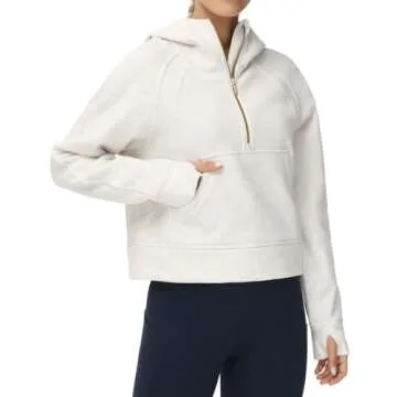 THE GYM PEOPLE Women’s Hoodies Half Zip Long Sleeve Fleece Crop Pullover Sweatshirts with Pockets Thumb Hole Off-white