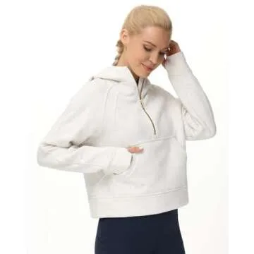 THE GYM PEOPLE Women’s Hoodies Half Zip Long Sleeve Fleece Crop Pullover Sweatshirts with Pockets Thumb Hole Off-white