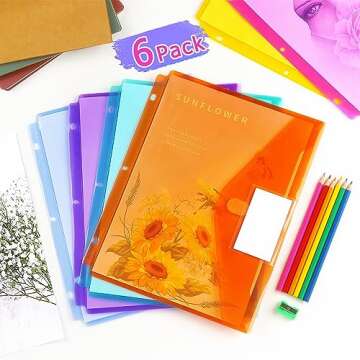 Tamaki 6 Pack 3 Ring Binder Pocket Clear Pouch, Letter Size, Snap Button Binder Folders Organizer with Label for School Supplies