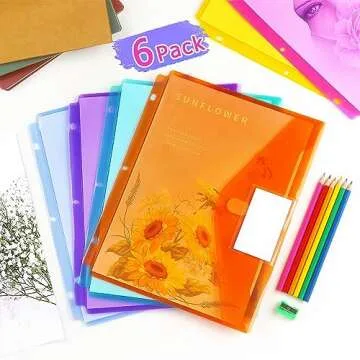 Tamaki 6 Pack 3 Ring Binder Pocket Clear Pouch, Letter Size, Snap Button Binder Folders Organizer with Label for School Supplies