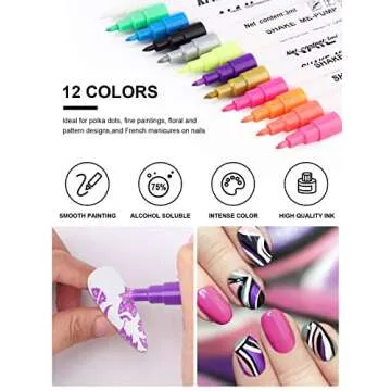 12 Color Fluorescent 3D Nail Art Pens Set, Kalolary Nail Point Graffiti Dotting Pen Drawing Painting Liner Brush for DIY Nail Art Beauty Adorn Manicure Tools(D)