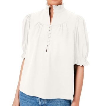 Womens 2024 Summer White Ruffle Stand Collar Tops Button-Down Shirt Puff Sleeves Blouse Dressy Casua...