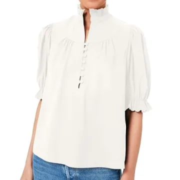 Womens 2024 Summer White Ruffle Stand Collar Tops Button-Down Shirt Puff Sleeves Blouse Dressy Casua...
