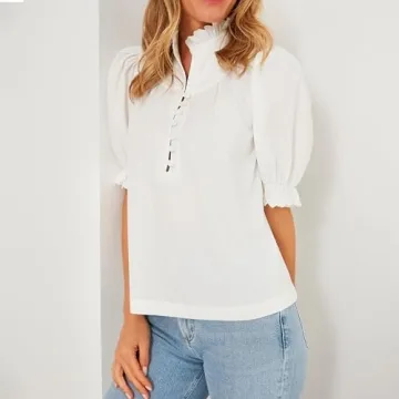 Womens 2024 Summer White Ruffle Stand Collar Tops Button-Down Shirt Puff Sleeves Blouse Dressy Casual Fashion Outfits