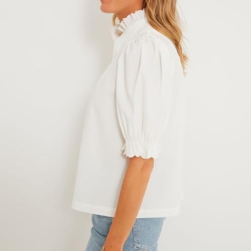 Womens 2024 Summer White Ruffle Stand Collar Tops Button-Down Shirt Puff Sleeves Blouse Dressy Casual Fashion Outfits