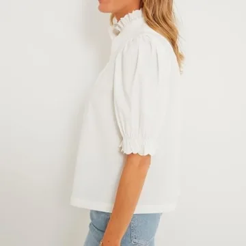 Womens 2024 Summer White Ruffle Stand Collar Tops Button-Down Shirt Puff Sleeves Blouse Dressy Casual Fashion Outfits