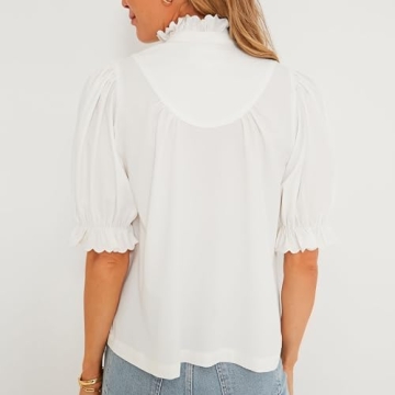 Womens 2024 Summer White Ruffle Stand Collar Tops Button-Down Shirt Puff Sleeves Blouse Dressy Casual Fashion Outfits