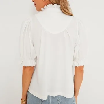 Womens 2024 Summer White Ruffle Stand Collar Tops Button-Down Shirt Puff Sleeves Blouse Dressy Casual Fashion Outfits