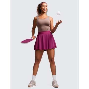 CRZ YOGA High Waisted Tennis Skirts for Women Double Ruffles Flowy Golf Athletic Casual Running Skirts with Shorts Pockets Magenta Purple Large