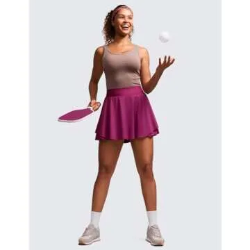 CRZ YOGA High Waisted Tennis Skirts for Women Double Ruffles Flowy Golf Athletic Casual Running Skirts with Shorts Pockets Magenta Purple Large