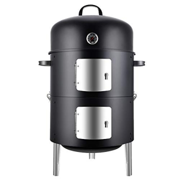 Realcook Vertical 17 Inch Steel Charcoal Smoker, Heavy Duty Round BBQ Grill for Outdoor Cooking, Bla...
