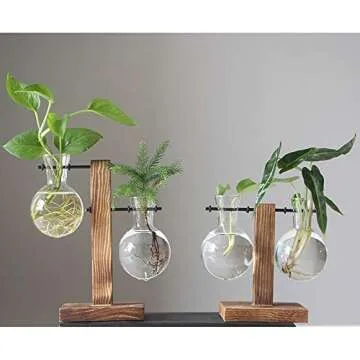 Stand Glass Planter Bulb Vase,ADSRO Glass Flowerpot with Vintage Wood Frame Holder for Hydroponic Plant Family Garden Wedding Decoration - (2 Bulb Vase)