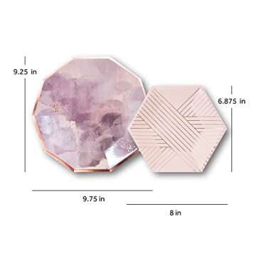 Harlow & Grey Amethyst Small Party Plates Set, 24 Ct Pack, 8” Elegant Disposable Paper Dinnerware Supplies for Birthday, Wedding, Shower, Anniversary, Engagement, Holiday, Pale Pink & Rose Gold