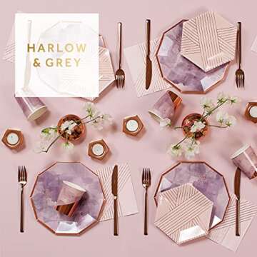 Harlow & Grey Amethyst Small Party Plates Set, 24 Ct Pack, 8” Elegant Disposable Paper Dinnerware Supplies for Birthday, Wedding, Shower, Anniversary, Engagement, Holiday, Pale Pink & Rose Gold