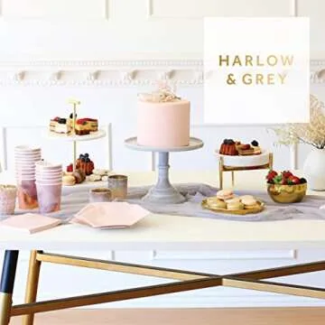 Harlow & Grey Amethyst Small Party Plates Set, 24 Ct Pack, 8” Elegant Disposable Paper Dinnerware Supplies for Birthday, Wedding, Shower, Anniversary, Engagement, Holiday, Pale Pink & Rose Gold