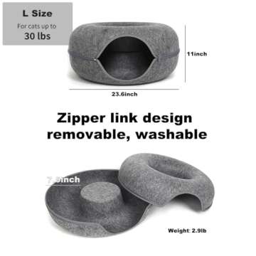 Large Cat Tunnel Bed for Indoor Cats with 3 Toys, Scratch Resistant Donut Cat Bed, Up to 30 Lbs (L 24x24x11, Dark Grey)