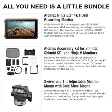 Atomos Ninja 5.2" 4K HDMI Recording Monitor with Atomos 5" Accessory Kit (Version II) for Select Shinobi and Ninja Monitors, Swivel and Tilt Adjustable Monitor Mount Bundle Set