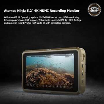Atomos Ninja 5.2" 4K HDMI Recording Monitor with Atomos 5" Accessory Kit (Version II) for Select Shinobi and Ninja Monitors, Swivel and Tilt Adjustable Monitor Mount Bundle Set