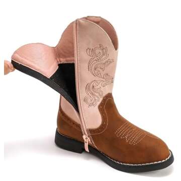 DADAWEN Kids Cowgirl Cowboy Western Boots Boys Girls Mid Calf Riding Shoes With Side Zipper (Toddler/Little Kid/Big Kid) Brown/Pink US Size 3 M Little Kid