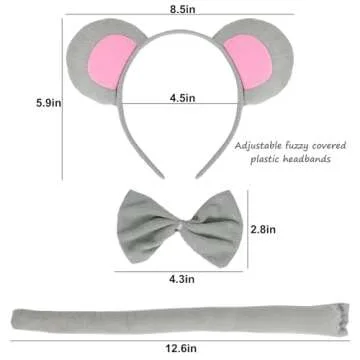 Mouse Ears Set, Rat Costume Accessory Set - Mouse Ears Headband Tail and Bow Tie, Mouse Costume with Rat Ears for Halloween Cosplay Costume Party Decoration