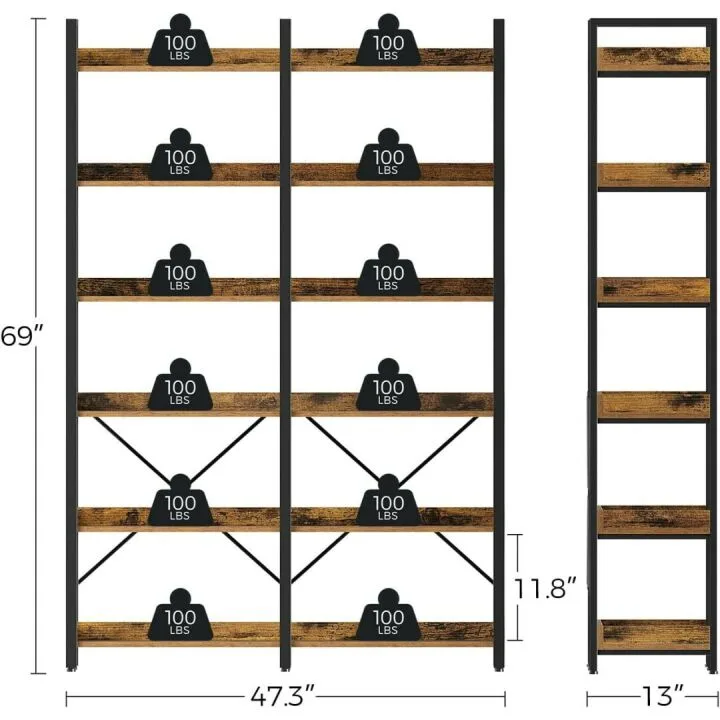 6-Tier Industrial Bookshelf with Hooks for Vintage Style