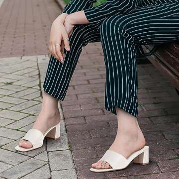 PIZZ ANNU Women's Square Open Toe Heels Sandals Low Block Chunky Heeled Sandal Slip on Mules Comfortable Casual Dress Pumps Shoes, Off White 8