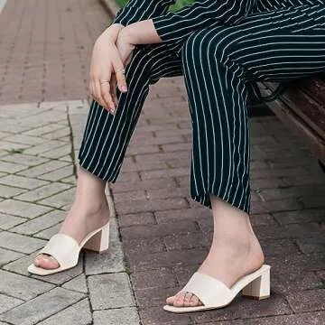 PIZZ ANNU Women's Square Open Toe Heels Sandals Low Block Chunky Heeled Sandal Slip on Mules Comfortable Casual Dress Pumps Shoes, Off White 8