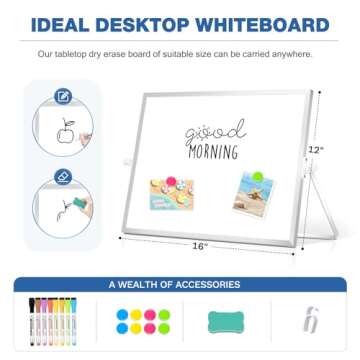 DOLLAR BOSS Small White Board with Stand Double-Sided 16" x 12" Magnetic Desktop Dry Erase Board for...