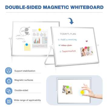 DOLLAR BOSS Small White Board with Stand Double-Sided 16" x 12" Magnetic Desktop Dry Erase Board for Back to School Portable Whiteboard Easel for Desk Home Office 8 Markers 8 Magnets 1 Eraser, Silver
