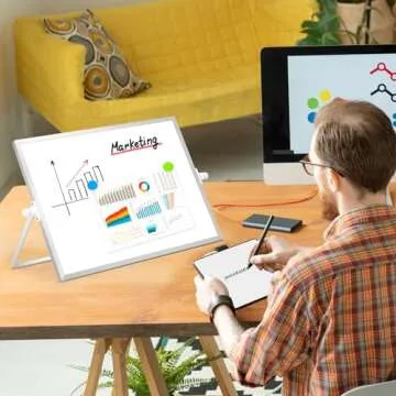 DOLLAR BOSS Small White Board with Stand Double-Sided 16" x 12" Magnetic Desktop Dry Erase Board for Back to School Portable Whiteboard Easel for Desk Home Office 8 Markers 8 Magnets 1 Eraser, Silver