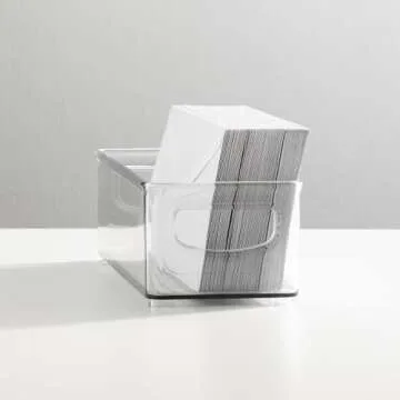 mDesign Small Plastic Office Storage Container Bins with Handles for Organization in Filing Cabinet, Closet Shelf, or Desk Drawers, Organizer for Notes, Pens, Pencils, Ligne Collection, 4 Pack - Clear