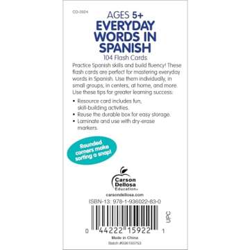 Carson Dellosa 104 Spanish Flash Cards for Kids, Spanish Vocabulary Flash Cards for Beginners, Picture Flash Cards for Toddlers, Learning Spanish Game for Beginners