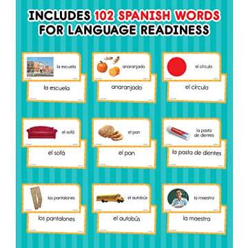 Carson Dellosa 104 Spanish Flash Cards for Kids, Spanish Vocabulary Flash Cards for Beginners, Picture Flash Cards for Toddlers, Learning Spanish Game for Beginners