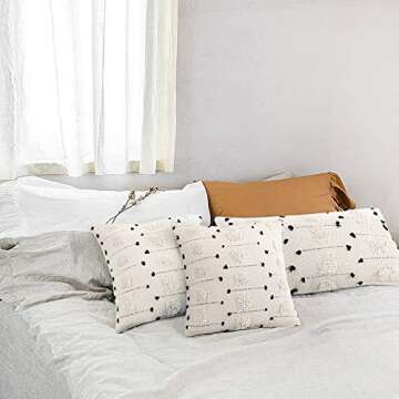 cygnus 12x20 Inch White and Black Tufted Lumbar Throw Pillow Cover with Zipper Pillowcase Case for Couch Living Room Farmhouse Decorative Boho (1Pcs)