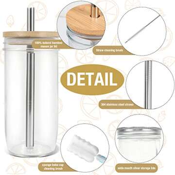 mwellewm Mason Jar Cups with Lids and Straw 24oz Reusable Wide Mouth Boba Tea Cup Bubble Smoothie Cup, Glass Mason Jars Bottle With Bamboo Lids and Stainless Lids (4)
