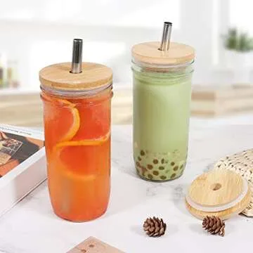 mwellewm Mason Jar Cups with Lids and Straw 24oz Reusable Wide Mouth Boba Tea Cup Bubble Smoothie Cup, Glass Mason Jars Bottle With Bamboo Lids and Stainless Lids (4)