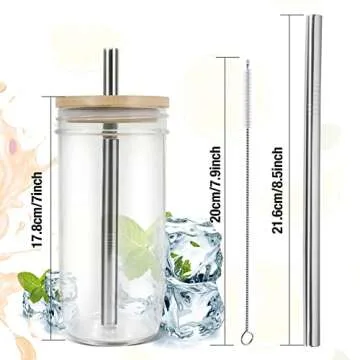 mwellewm Mason Jar Cups with Lids and Straw 24oz Reusable Wide Mouth Boba Tea Cup Bubble Smoothie Cup, Glass Mason Jars Bottle With Bamboo Lids and Stainless Lids (4)
