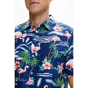 SSLR Mens Hawaiian Shirt Flamingos Casual Short Sleeve