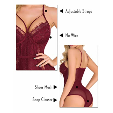Elegant Aranmei Lace Strappy Teddy Lingerie in Wine Red