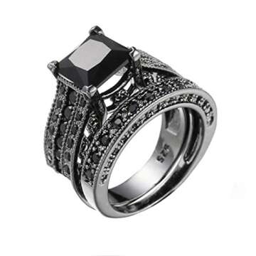 OldSch001 Womens Vintage Black Diamond 2-in-1 Engagement Wedding Ring Silver Rings (Black, 6)