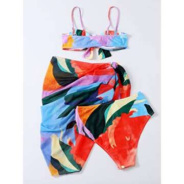SheIn Women's 3 Piece Graphic Belted Bikini Set Swimsuit and Cover Up Beach Skirt Hot Pink Small