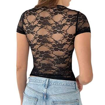 Women Short Sleeve Sheer Lace Crop Top Y2K Sexy Lace Mesh T-Shirt Slim Fit Summer See Through Cropped Tee Shirt (I Black, S)